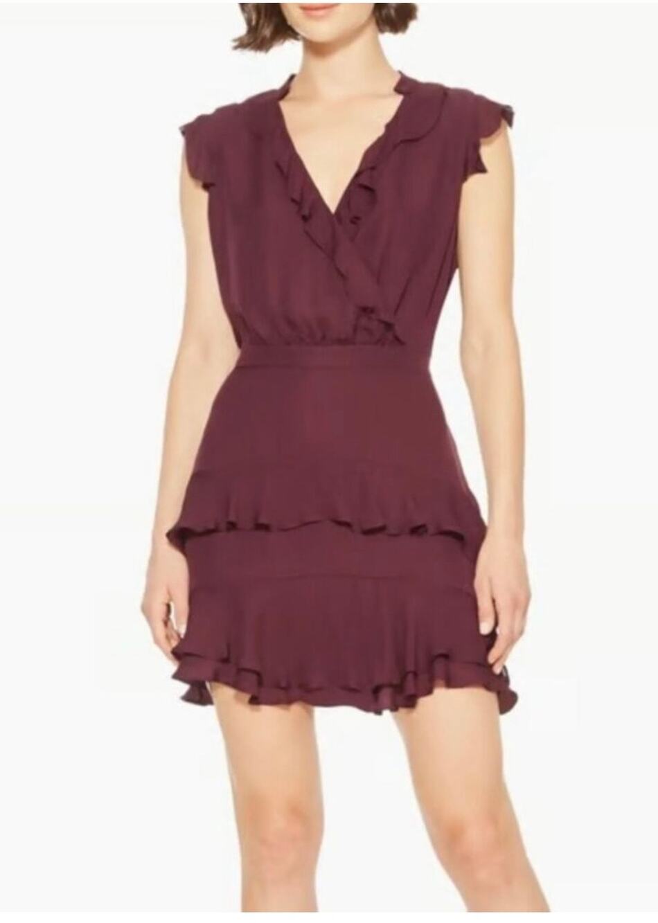 Parker Tangia Silk Ruffle Wrap Mini Dress Maroon Plum Tiered Size 4 Romantic